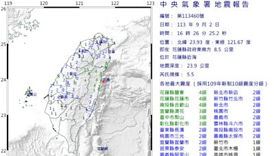 地震！16:26 花蓮規模5.5 最大震度4級 氣象署：0403餘震