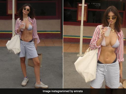 Emily Ratajkowski Was "Home For A Few Days" To Soak Up Some Californian Sun In A Striped Swim Set And Shorts