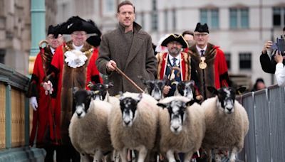 Hollywood actor Damian Lewis takes part in bizarre tradition as he herds sheep over the River Thames