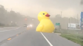 Giant inflatable duck blows across Michigan road during high winds