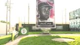 Large Satchel Paige baseball card on display in 18th & Vine District