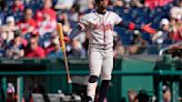Ozzie Albies of the Atlanta Braves reacts to a strike call during the ninth inning against the Washington Nationals at Nationals Park on Sunday, June 9, 2024, in Washington, D.C..