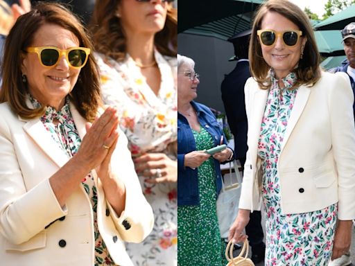 Kate Middleton’s Mother Carole Wears Her Go-to Brand Me+Em’s Blazer With ‘Instant Bestseller’ Cefinn Dress for...