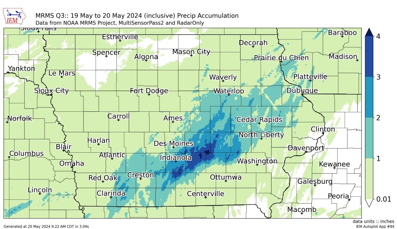 How much rain did Des Moines get last night? Here are the rainfall totals for Iowa