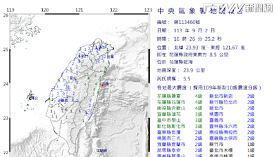 國家級警報大響！花蓮近海16:26發生規模5.5地震 花蓮、南投最大震度4級