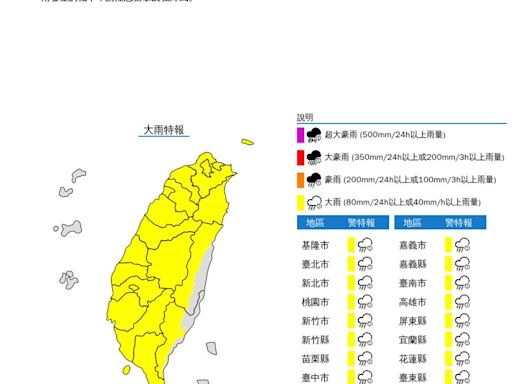 快訊／雨神中午突襲！19縣市大雨特報 一路下到晚上