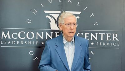 Mitch McConnell speaks in Louisville discussing his role in securing resources for national security priorities