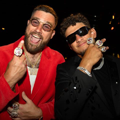 Travis Kelce and Patrick Mahomes Show Off Their Super Bowl Bling, Plus Taylor Swift, Ron Howard and More