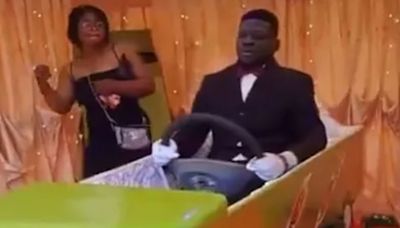 Watch as late cabbie's bpsy propped up in TAXI at his funeral in Ghana