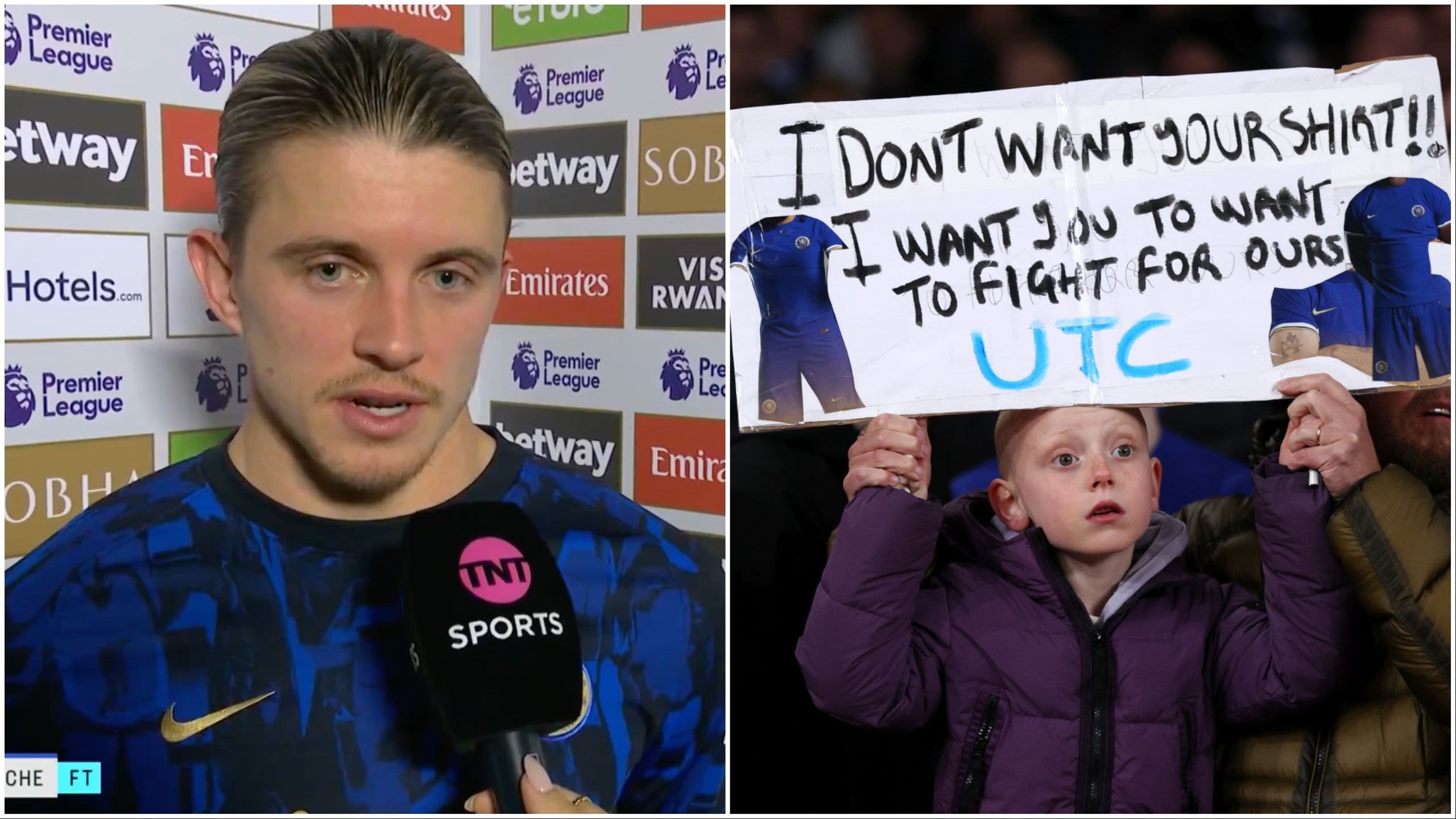 Conor Gallagher reacts to young Chelsea fan's banner slamming players after heavy Arsenal loss