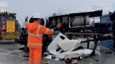 ‘Lucky’ driver: See tangled mess of metal from big rig crash in snow on I-80 in Sierra