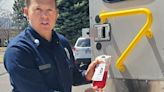 Lt. Joey Buttenweiser with Colorado Springs Fire Department on Friday, April 19, 2024, holds up a blood packet and describes how the bag, filled with whole blood (blood that has none...