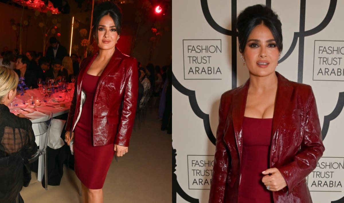 Salma Hayek Goes Monochromatic in Burgundy Dress and Gucci Leather Jacket for Fashion Trust Arabia Dinner