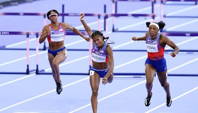 USA's Masai Russell edges France's Cyrena Samba-Mayela to win Olympic gold in 100-meter hurdles photo finish