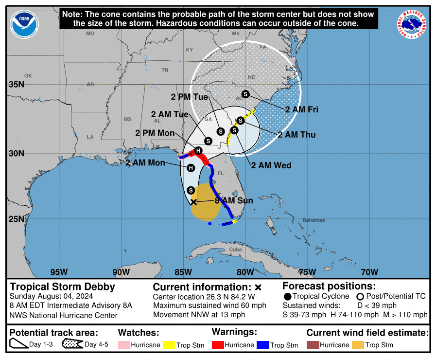 Evacuations ordered, hurricane warning issued as Tropical Storm Debby's Florida landfall looms