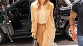 Angelina Jolie Was Chic In Tan Pantsuit and Blouse On the Way to Theater In NYC