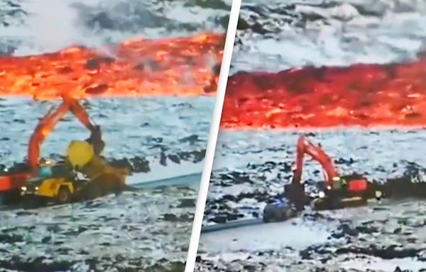 Video shows 'brave' workers desperately try to stop the flow of lava doing a job that nobody wants