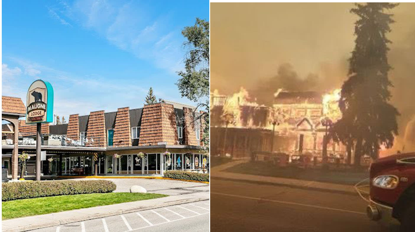 Jasper National Park engulfed in flames: Shocking before and after photos show famous Maligne Lodge burning as Alberta wildfire spreads