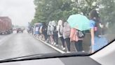 國道驚見「學生排隊」淋雨走路 30多人揹書包沿路肩北上