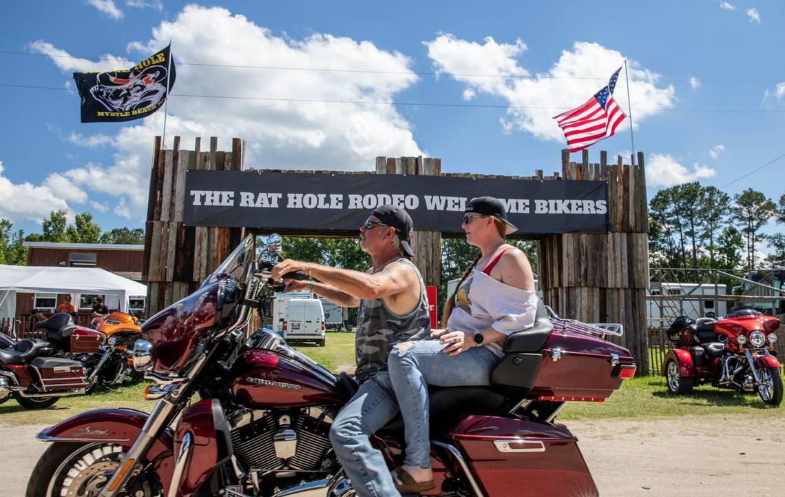 Bikers barrel race while carrying trays of water at Myrtle Beach Bike Rally. Say what?