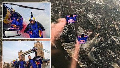 Astonishing video shows skydivers in wingsuits tear through London’s Tower Bridge at over 150mph