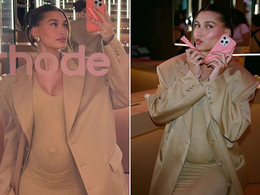 Pregnant Hailey Bieber Dresses Her Bump in Tan Dress and Matching Blazer at Rhode Pop-Up Event