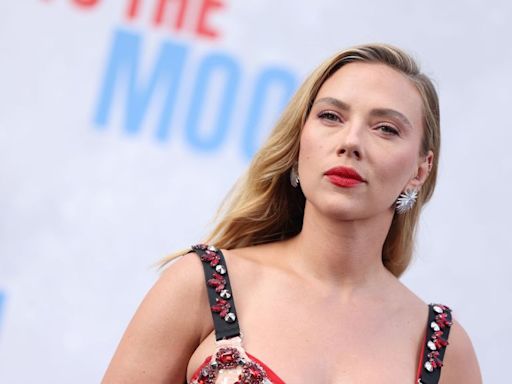 Scarlett Johansson Is Regal in a Baby Pink Gown Covered in Crimson Jewels