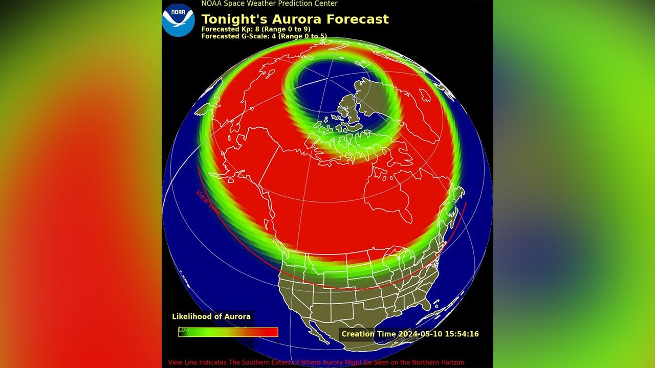 Northern lights forecast for DC, MD & VA; G4 Severe Geomagnetic Storm Watch issued