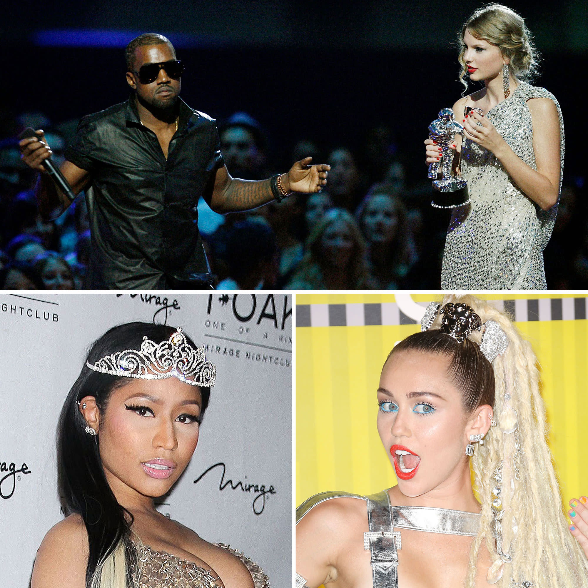 Celebrity Feuds That Played Out at the VMAs: Kanye West vs Taylor Swift, Nicki Minaj vs Miley Cyrus and More