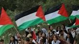 Arab-Israeli protesters wave Palestinian national flags during a rally near Israel's northern city of Shefa Amr ahead of the Palestinian commemoration of the Nakba, the "catastrophe" of Israel's creation in 1948