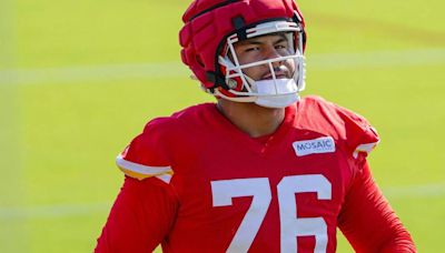 Kansas City Chiefs offensive tackle Kingsley Suamataia warms up during practice at Chiefs training camp on July 17, 2024, in St. Joseph, Missouri.