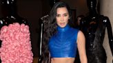 Kim Kardashian Bares Her Midriff in a Skintight Blue Leather Co-ord