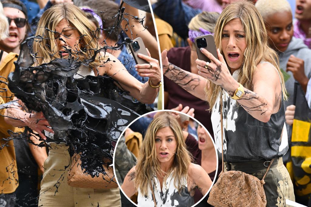 Jennifer Aniston has fake oil thrown on her while filming ‘The Morning Show’