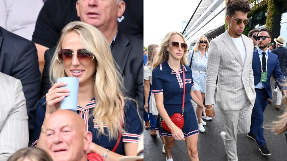 Brittany Mahomes Goes Preppy in Tennis-core Gucci Look With Patrick Mahomes in Pinstripes for Wimbledon 2024 Day 5, Alcaraz-Tiafoe Match