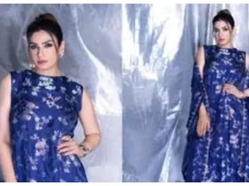 Raveena Tandon experiments with style in blue brocade gown - Times of India