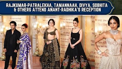 Rajkumar-Patralekha,Tamannaah, Divya,& others are seen posing for paps at Anant Radhika's reception.