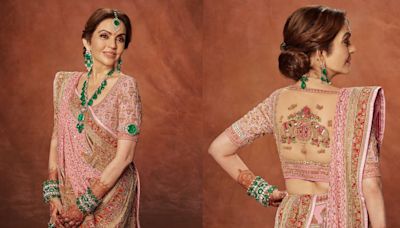 Nita Ambani donned a blouse with the names of her children and grandchildren hand embroidered at the Shubh Aashirwad ceremony