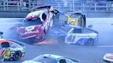 Corey LaJoie crosses start-finish line on his side as he gets caught up in last-lap Talladega crash