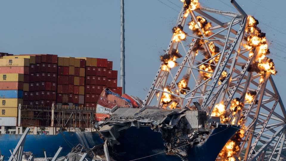 Demolition charges set off to free cargo ship from the wreckage of Baltimore bridge after weekend weather delays