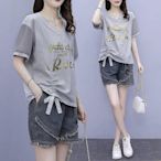 韓版短袖上衣女2023夏季T恤時尚寬鬆印花大尺碼女裝抽繩顯瘦遮肉潮