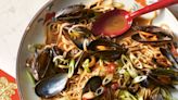 Chilli and black bean mussels with noodles recipe