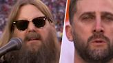 Chris Stapleton reacts to Eagles coach Nick Sirianni tearing up during national anthem