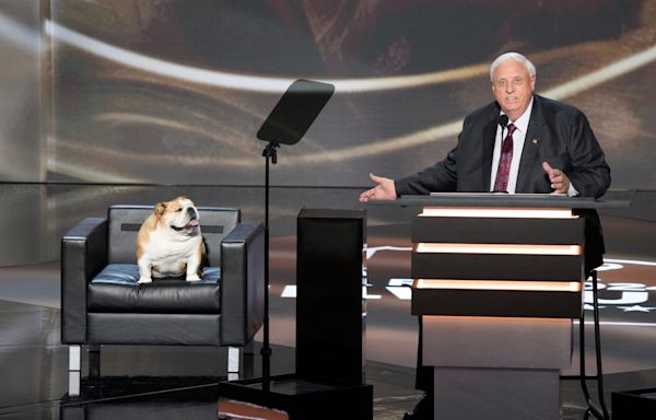 Babydog joins West Virginia Gov. Jim Justice on stage at Republican National Convention