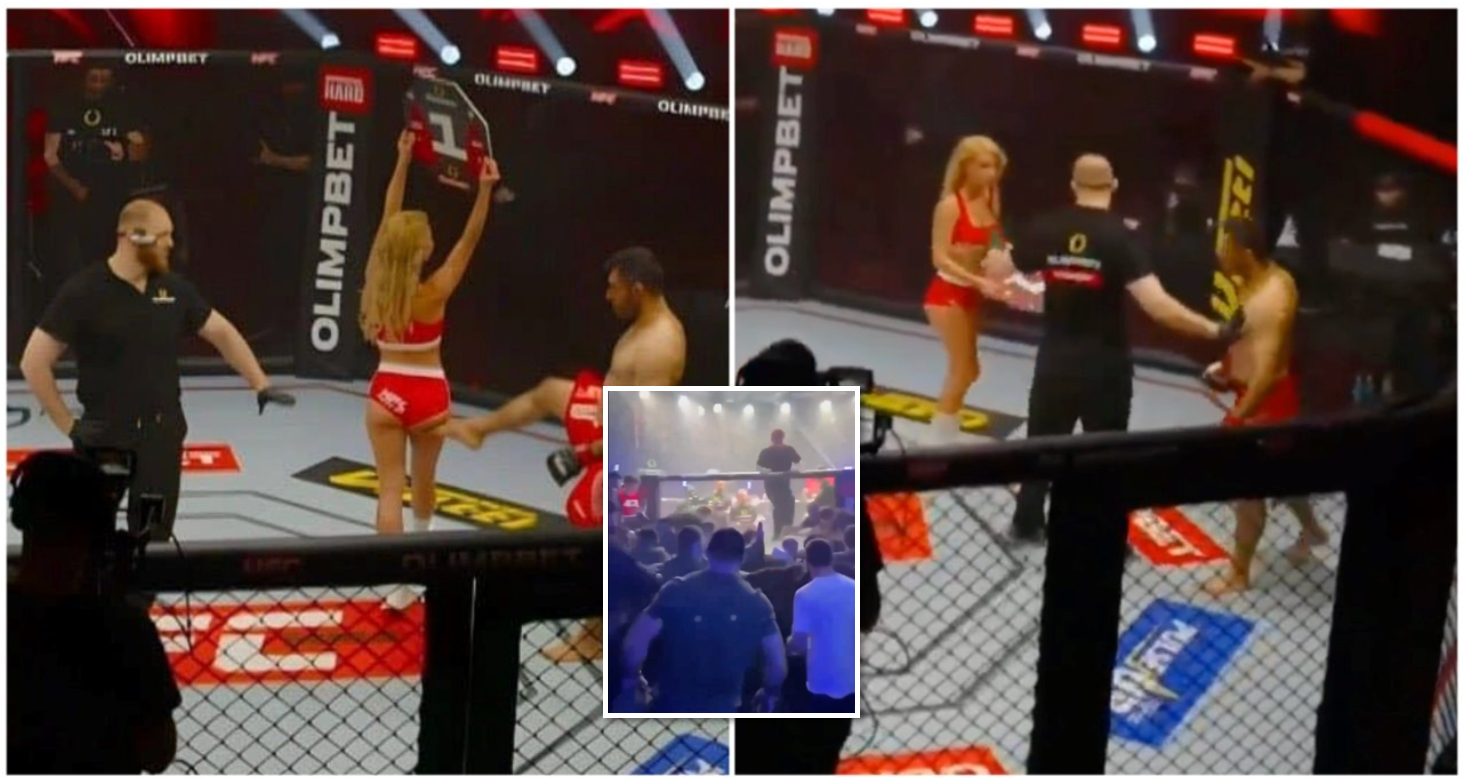 MMA fighter banned for life after KICKING ring girl - massive brawl then breaks out