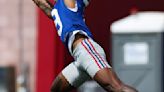 New York Giants wide receiver Malik Nabers participates in drills during OTA drills at NY Giants Quest Diagnostics Training Center on Thursday, June...