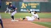 ...forced out at second base by Seattle Mariners infielder Dylan Moore during the third inning at the Oakland Coliseum on Tuesday, June 4, 2024, in Oakland, California.