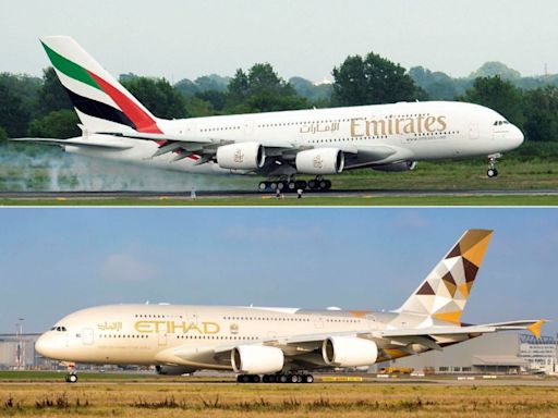 Rival airlines Emirates and Etihad are both flying their luxe Airbus A380s to the US. See how the superjumbos compare.