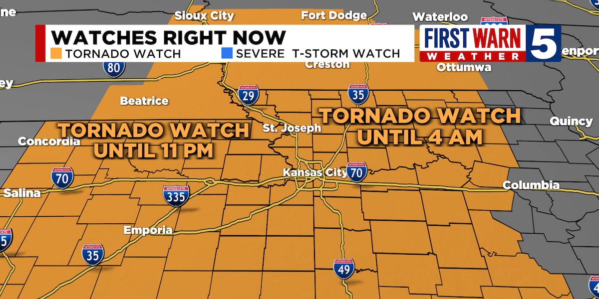 Tornado watch covers Kansas City metro area and numerous Missouri counties as storms approach