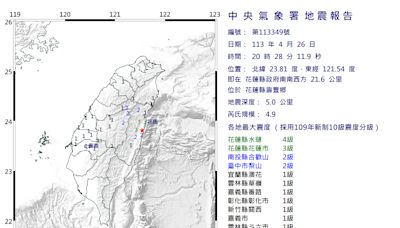 20:28花蓮壽豐規模4.9地震 國家警報響