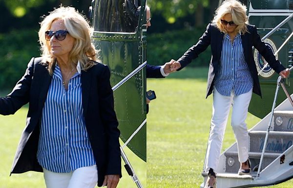 Jill Biden Gives Power Suiting a Summery Spin in Pin-striped White and Blue Shirt After Weekend Trip to Delaware With...